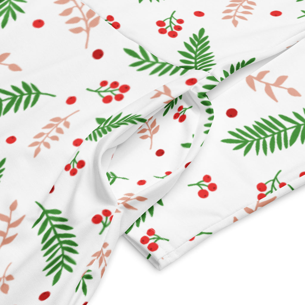 Women’s christmas holly long sleeve midi dress with pockets featuring a soft white blanket pattern with green leaves and red berries
