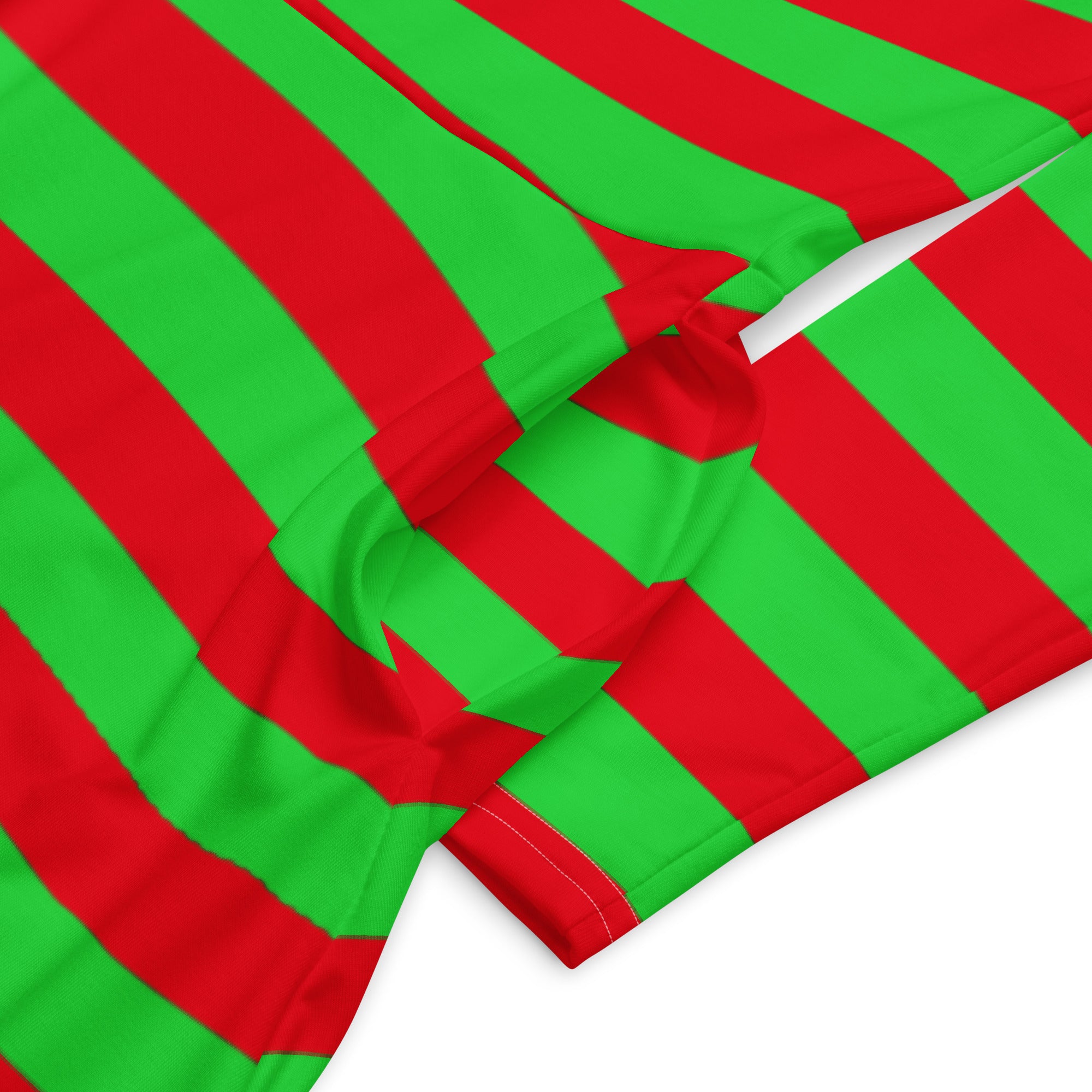 Women’s red and green striped long sleeve midi dress with pockets made of soft slightly wrinkled fabric