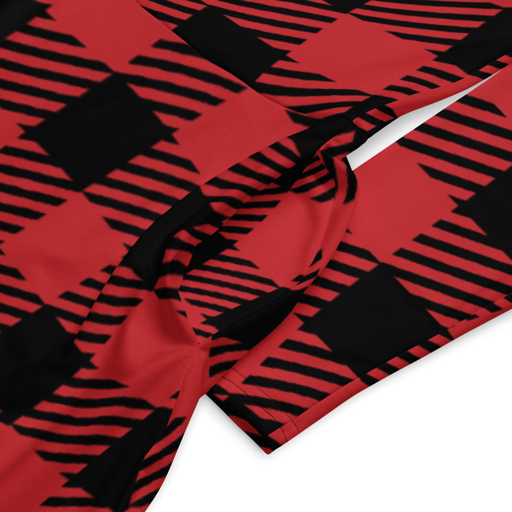 Women’s red buffalo plaid long sleeve midi dress with pockets featuring bold diagonal checkered fabric pattern