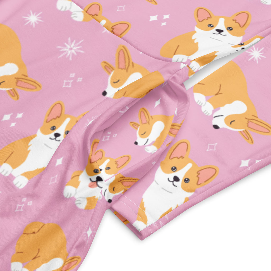 Women's Pink Corgi Dog Long Sleeve Midi Dress With Pockets