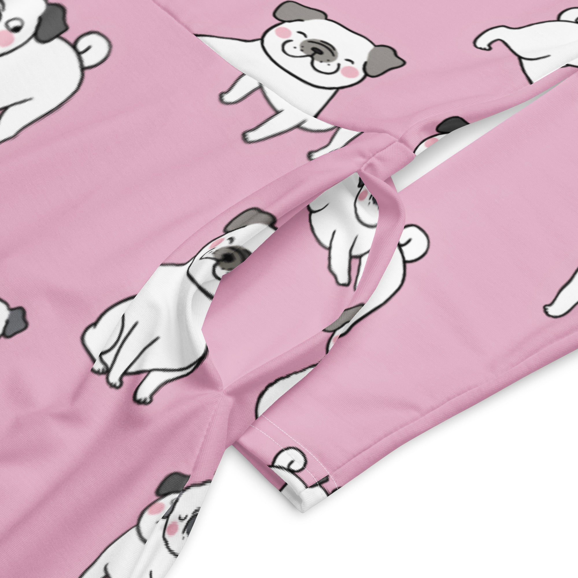 Women’s pink long sleeve midi dress with pockets featuring a repeating pattern of white and gray cartoon pugs