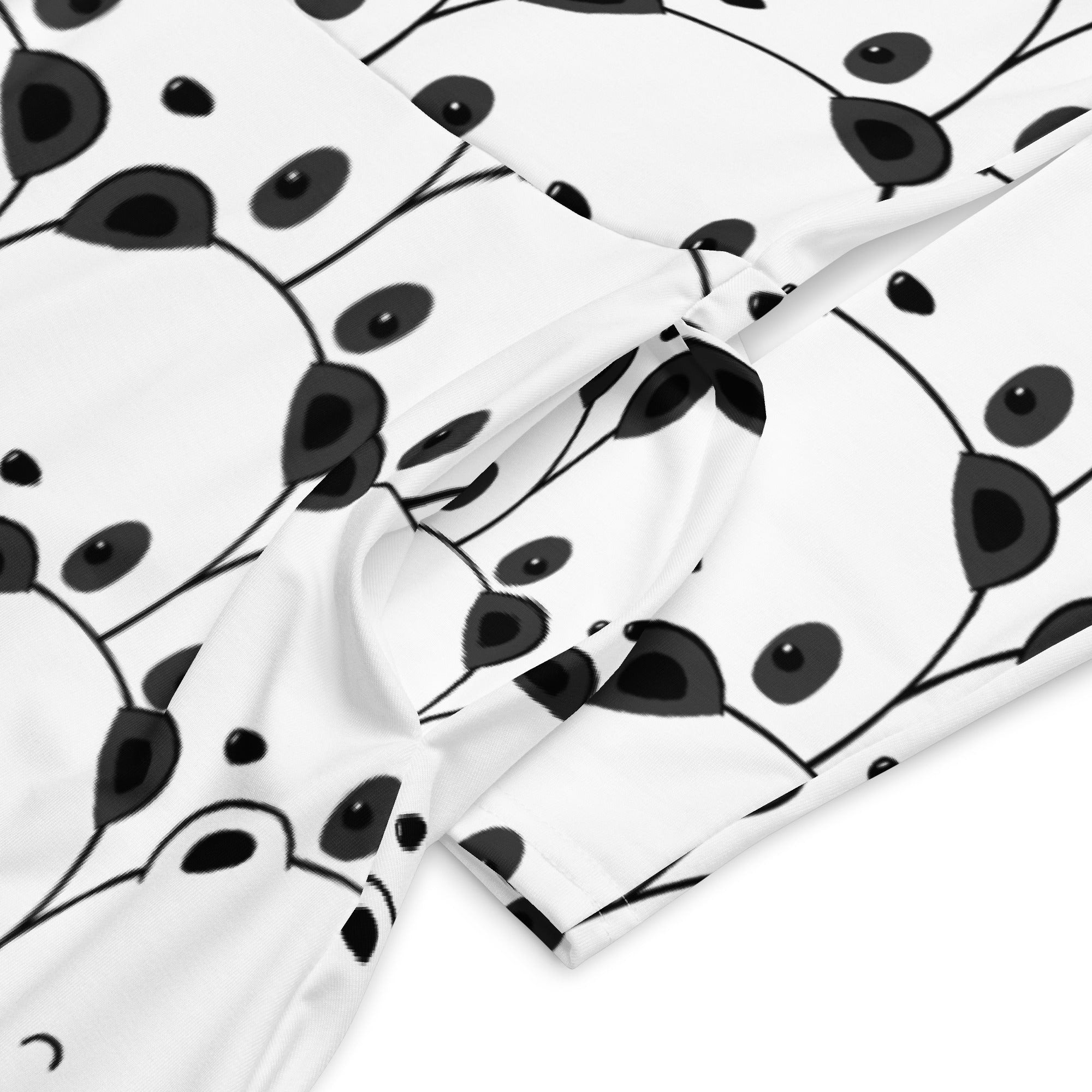 Women’s panda long sleeve midi dress with pockets white fabric featuring repeating black and white dalmatian puppy face pattern