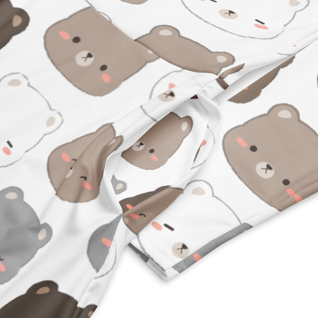 White fabric with cute brown gray and white bear print featuring pink cheeks on women’s long sleeve midi dress with pockets