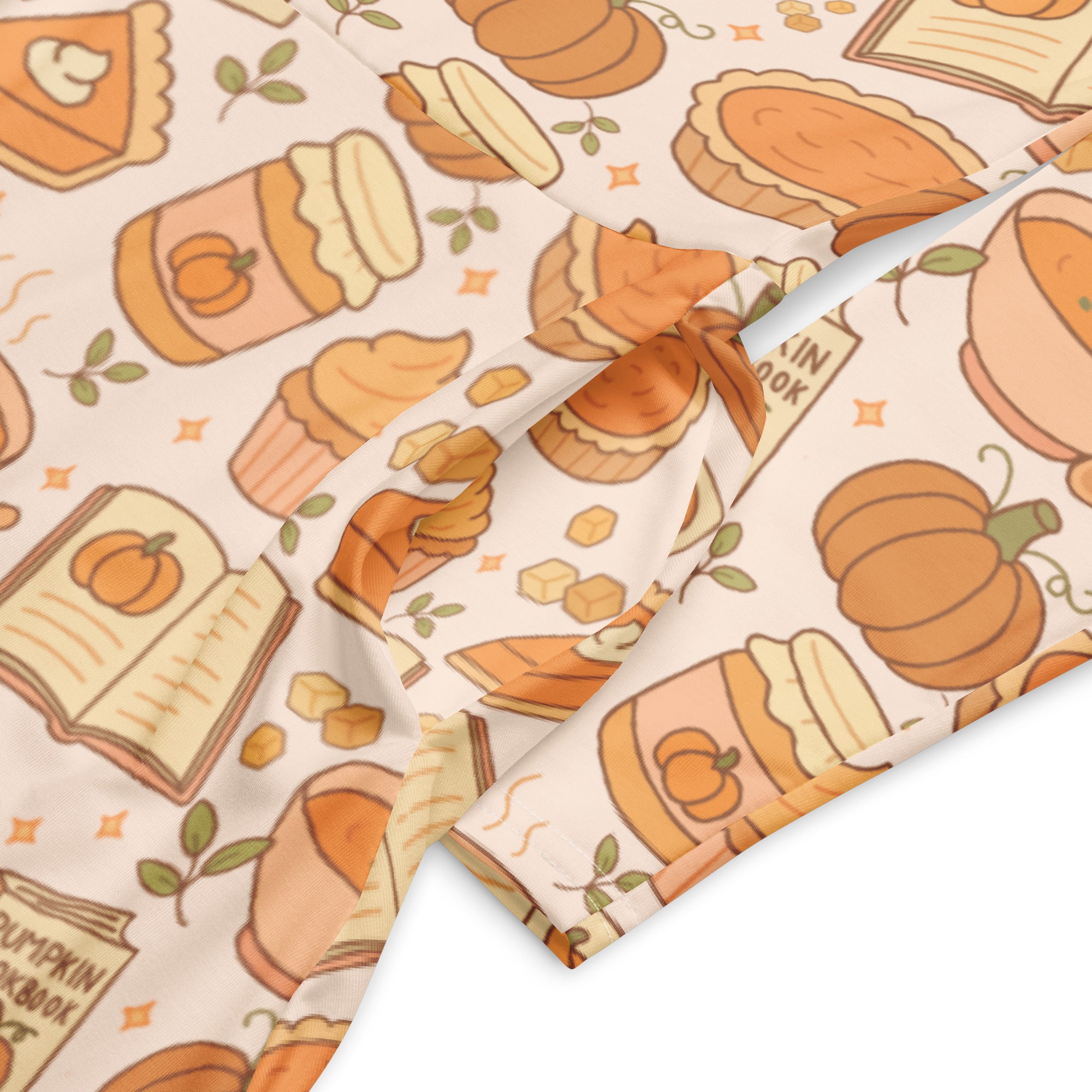 Soft cream-colored women’s long sleeve midi dress with autumn pumpkin pie pattern and convenient pockets