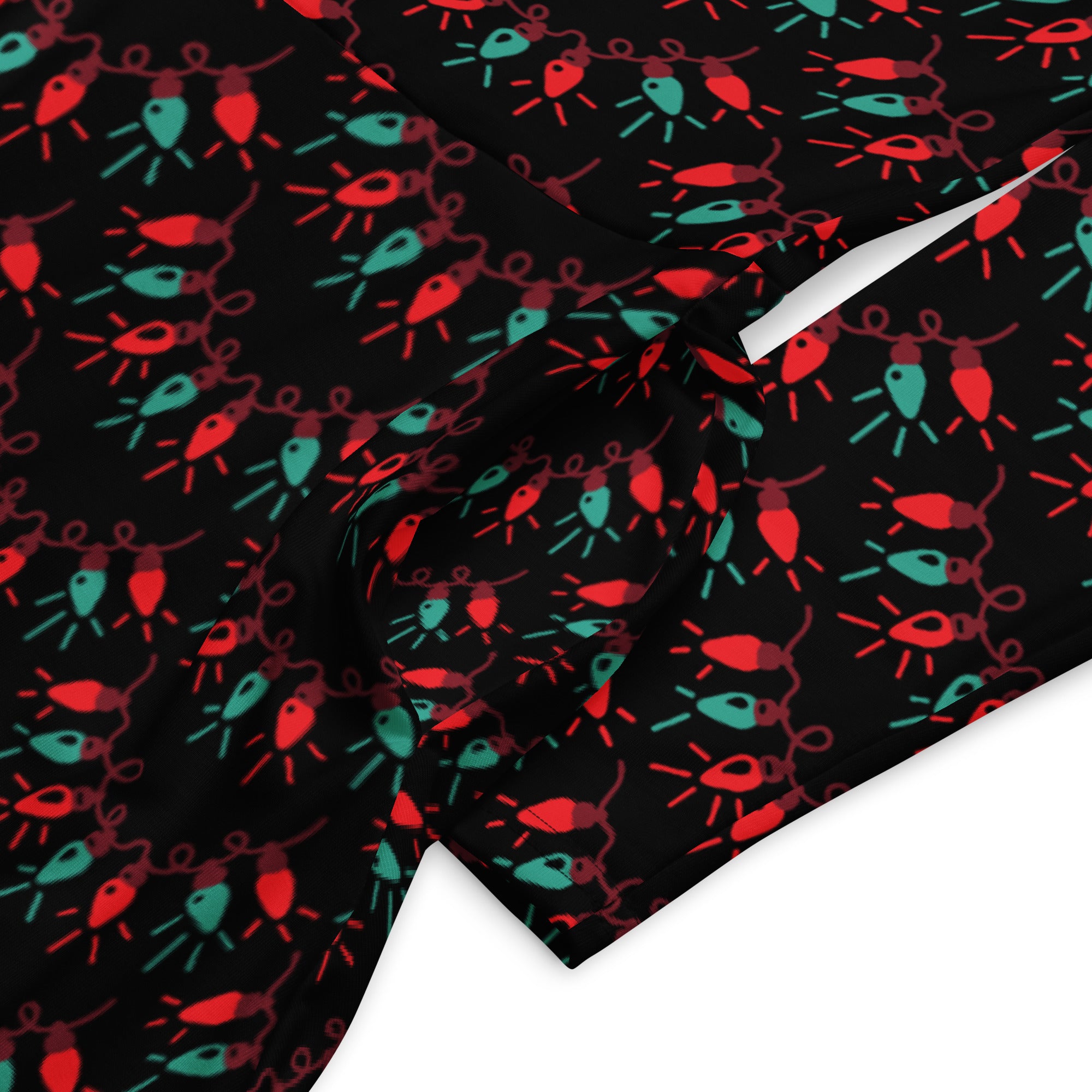 Women’s long sleeve midi dress with pockets black fabric with red and teal christmas light bulb pattern