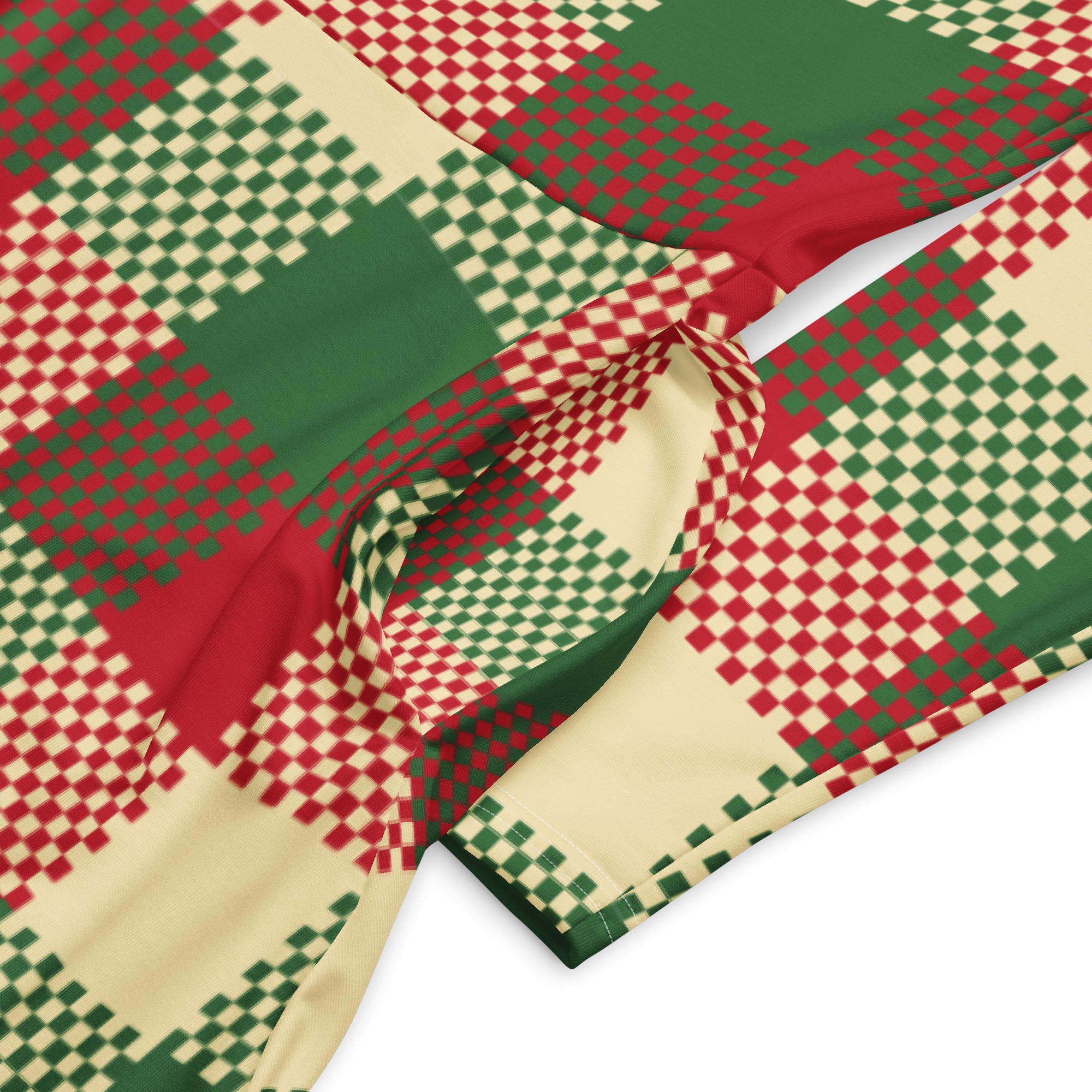 Women’s Christmas plaid long sleeve midi dress with pockets in festive red green and cream pixelated plaid fabric