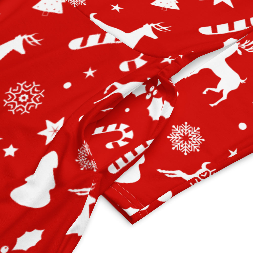 Women’s red christmas long sleeve midi dress with pockets featuring white reindeer snowflakes stars and candy canes pattern