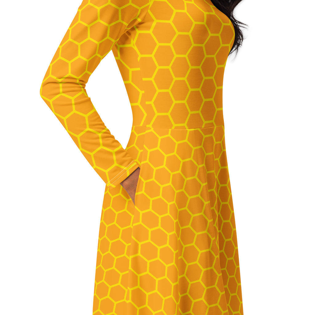 Women's Honeycomb Long Sleeve Midi Dress With Pockets