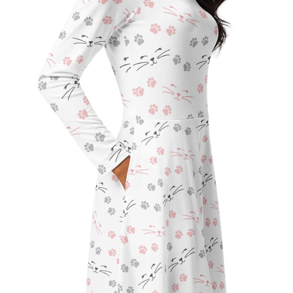 White long-sleeved midi dress with playful pink and gray cat faces and paw prints with pockets for women