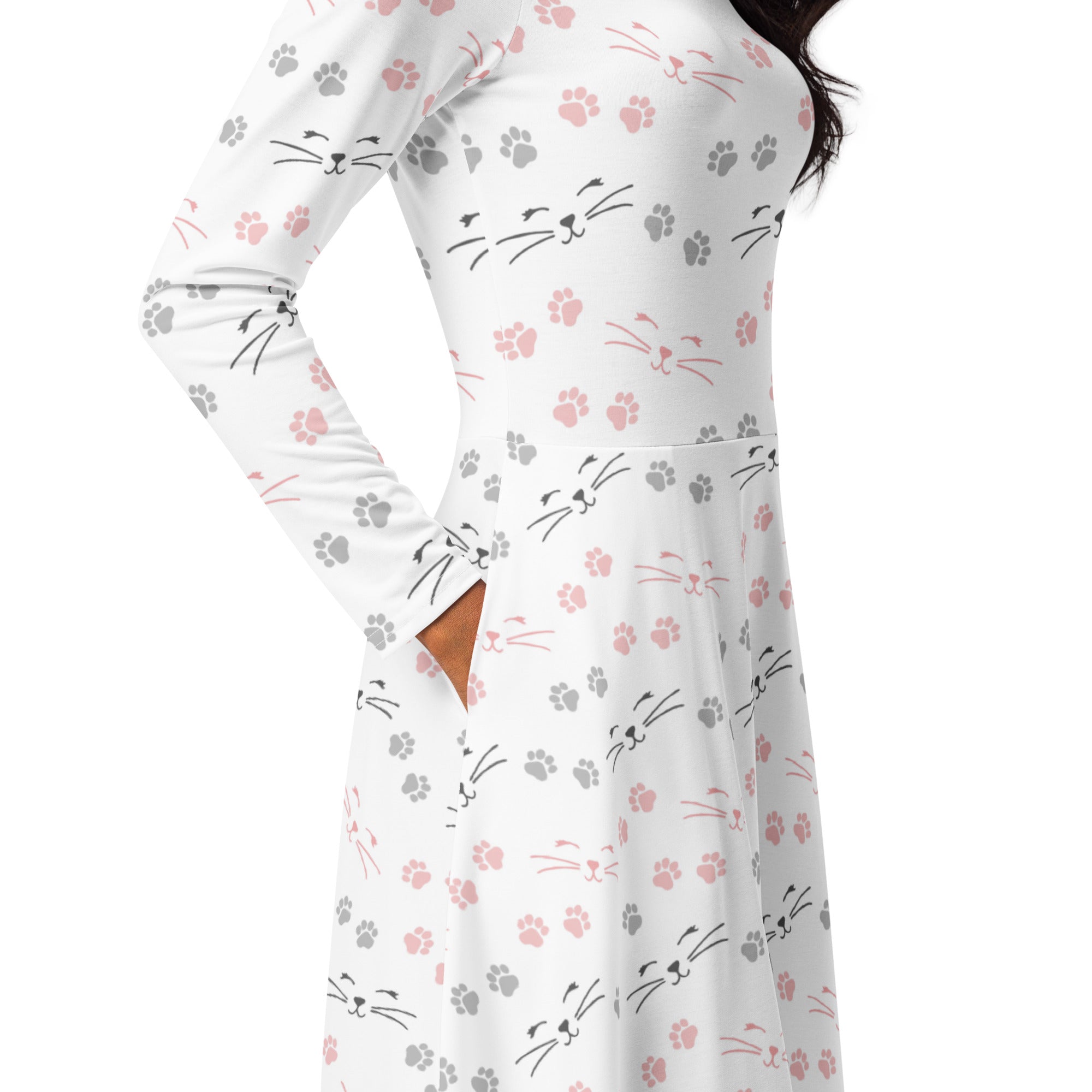 White long-sleeved midi dress with playful pink and gray cat faces and paw prints with pockets for women