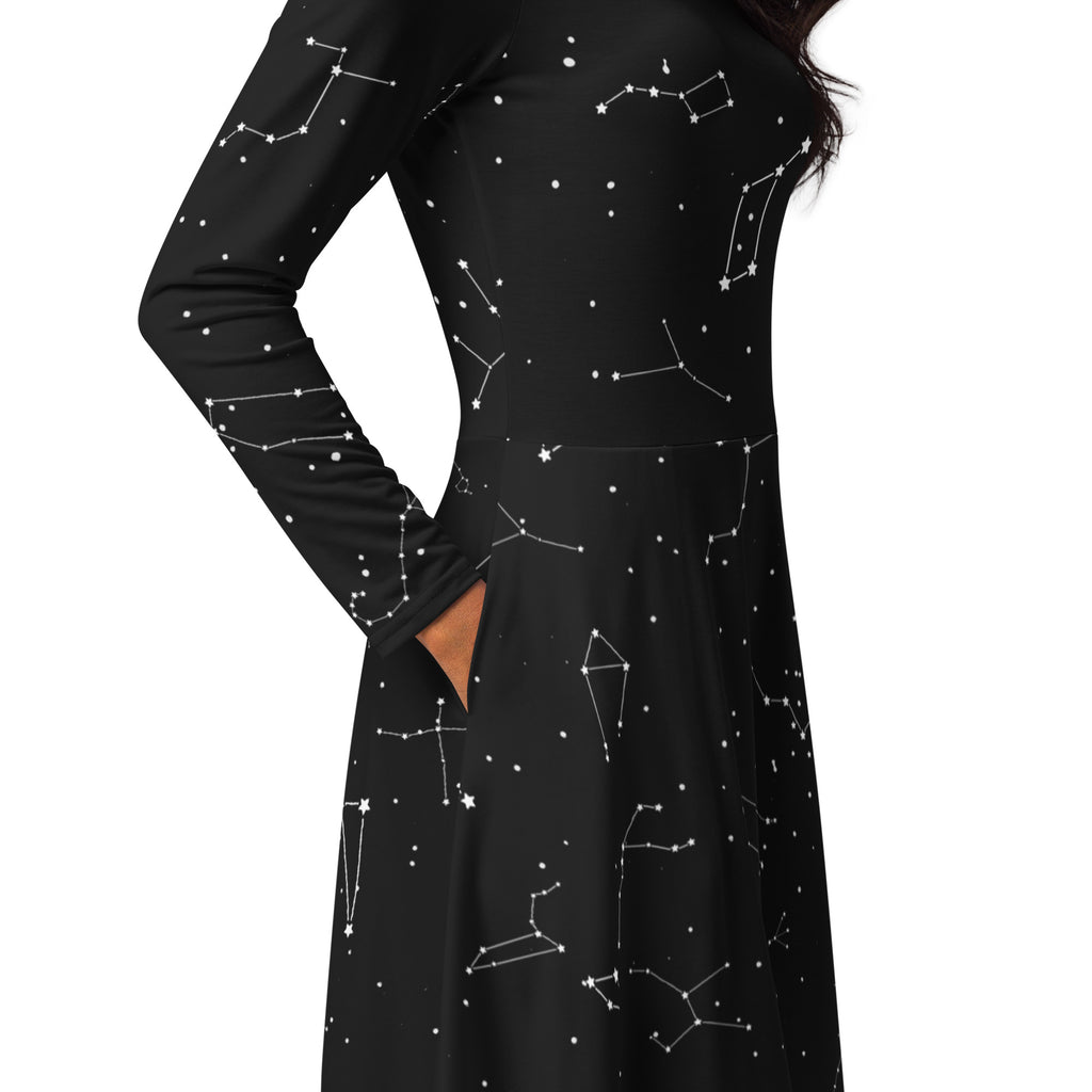 Women’s black long-sleeved midi dress with white constellation prints and pockets in realistic design