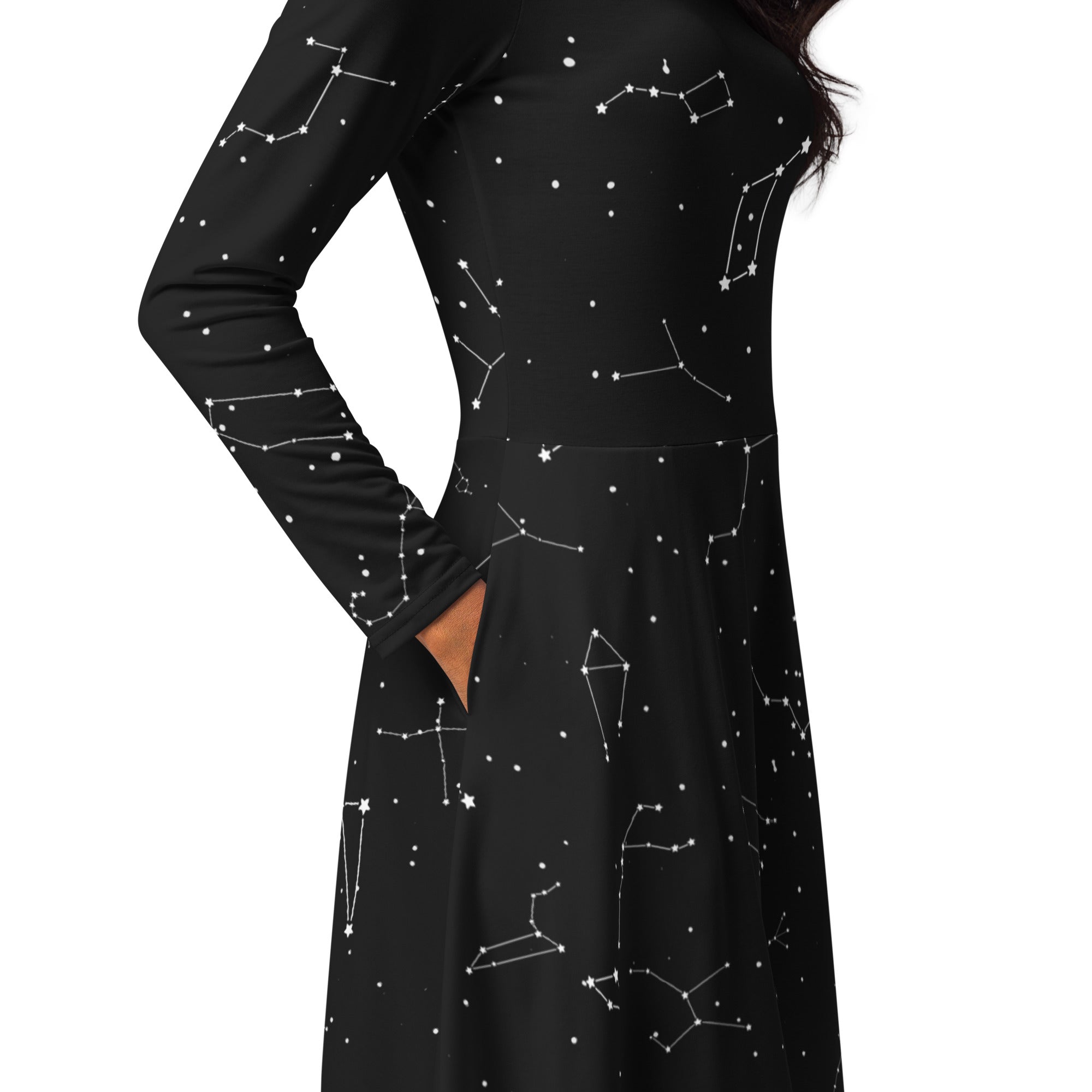 Women’s black long-sleeved midi dress with white constellation prints and pockets in realistic design