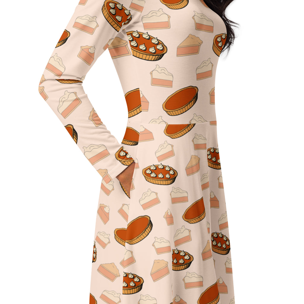 Women’s pumpkin pie thanksgiving long sleeve midi dress in cream with playful pumpkin pie print and pockets