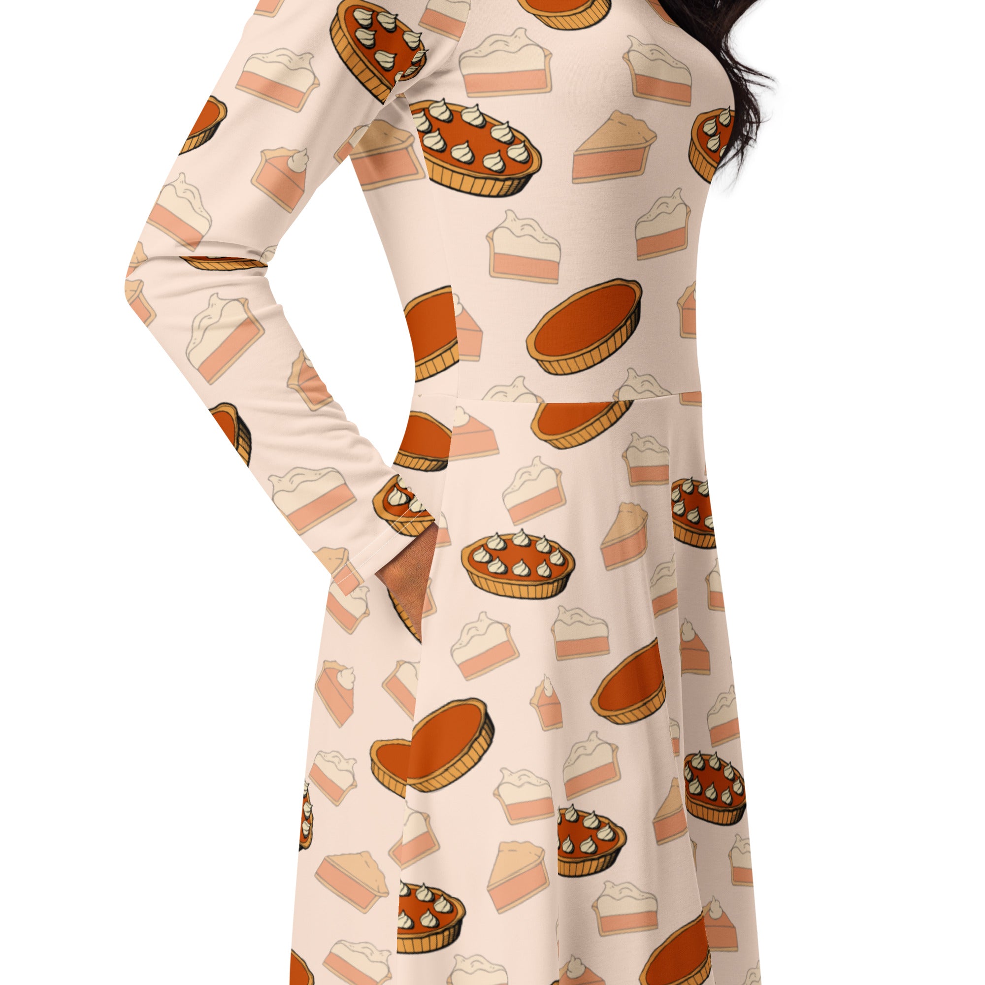 Women’s pumpkin pie thanksgiving long sleeve midi dress in cream with playful pumpkin pie print and pockets