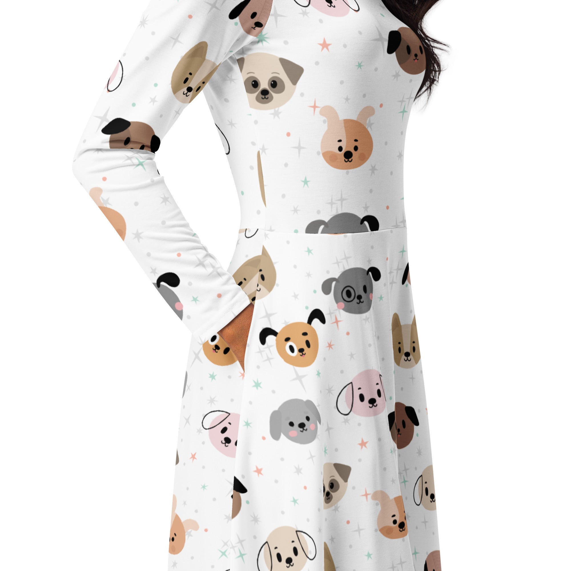 Women's Dog Face Long Sleeve Midi Dress With Pockets