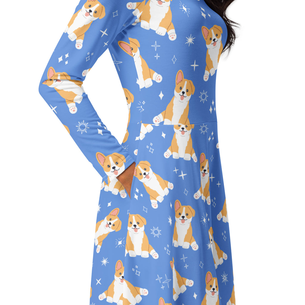Women's Blue Corgi Dog Long Sleeve Midi Dress With Pockets