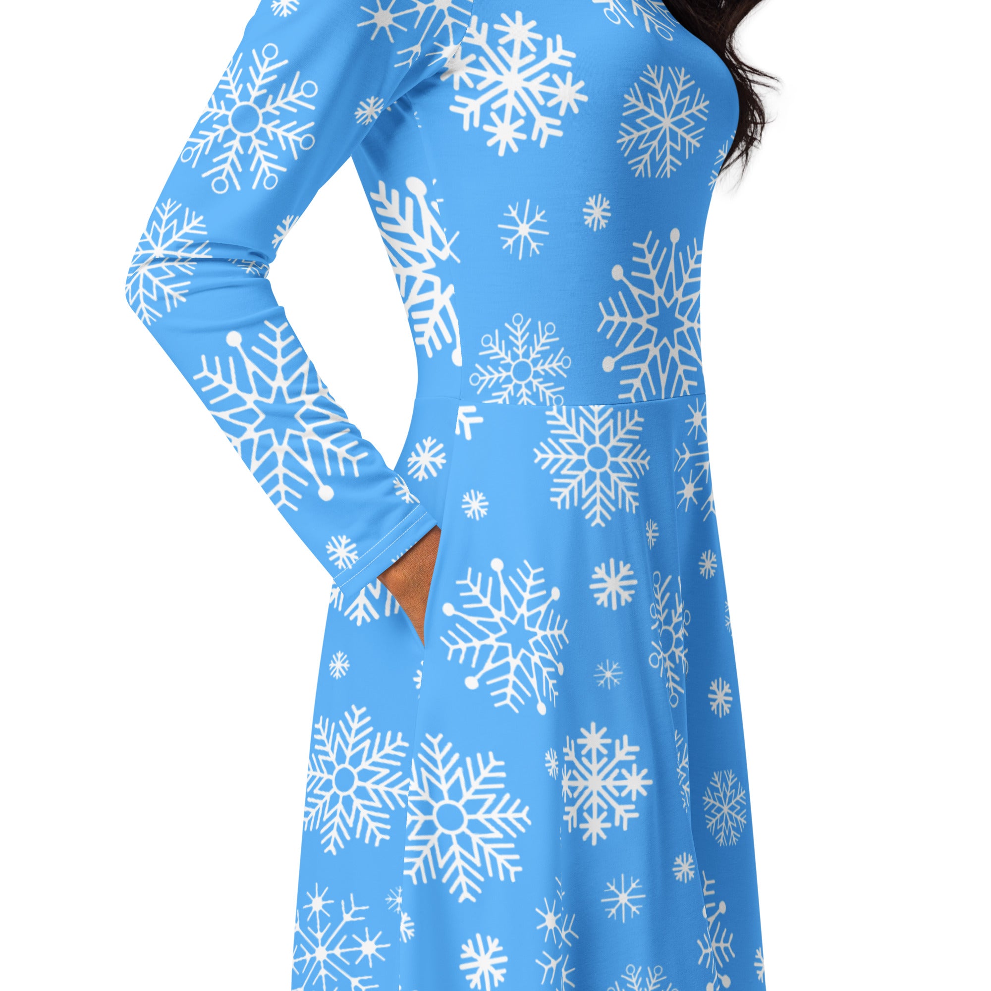 Women’s blue snowflake long sleeve midi dress with pockets featuring a patterned design on soft fabric