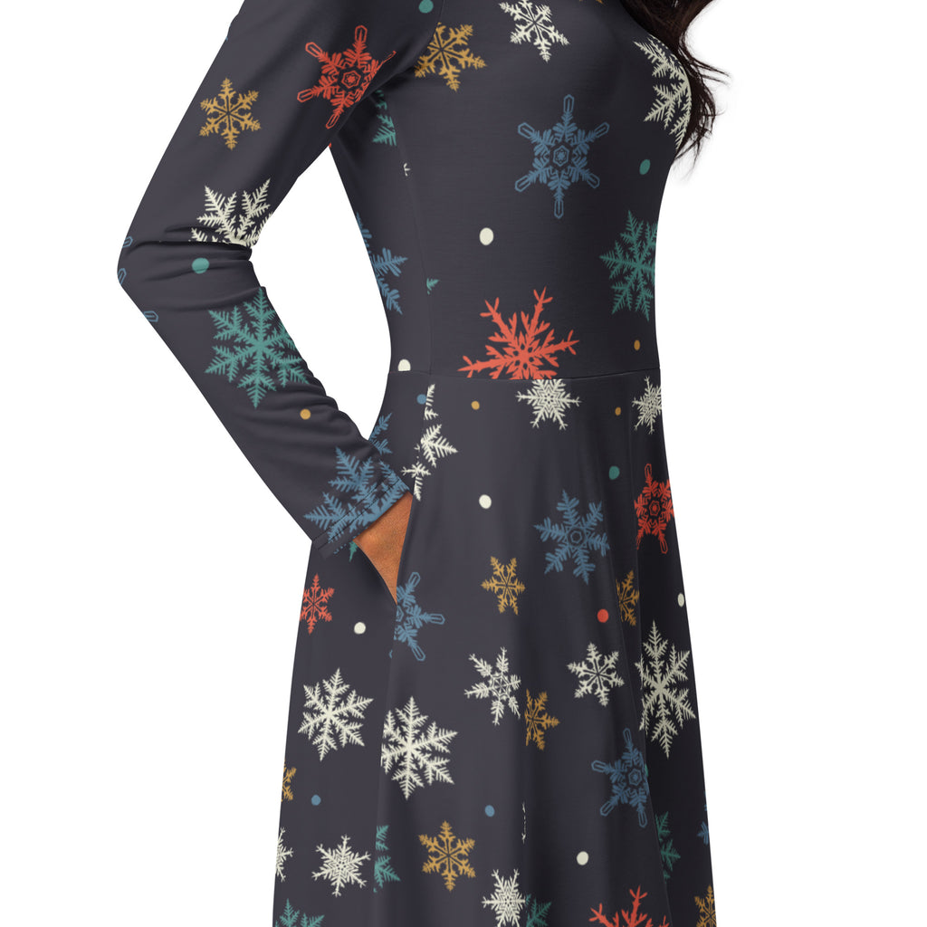 Women’s dark gray long sleeve midi dress with colorful snowflake pattern and pockets perfect for festive occasions