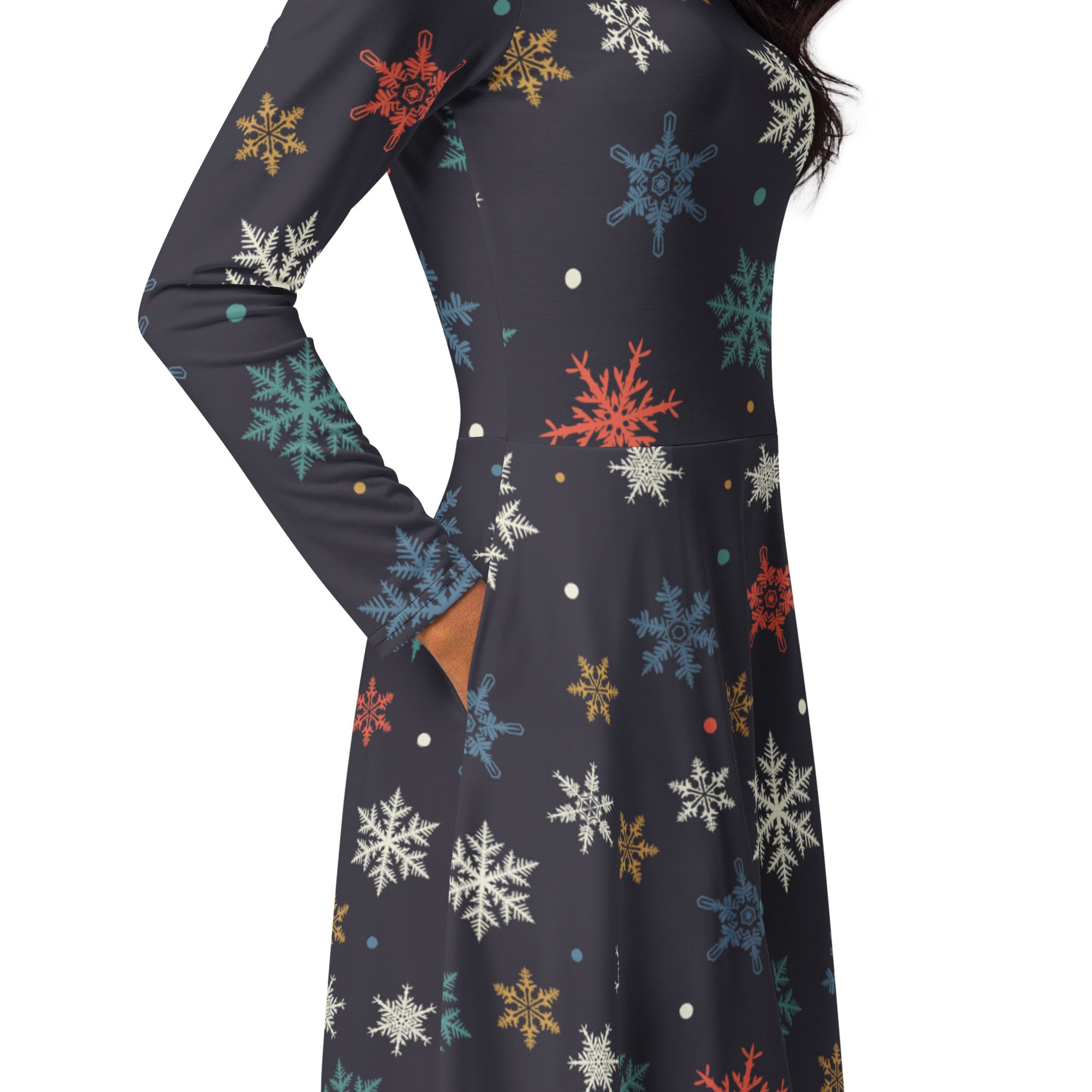 Women’s dark gray long sleeve midi dress with colorful snowflake pattern and pockets perfect for festive occasions