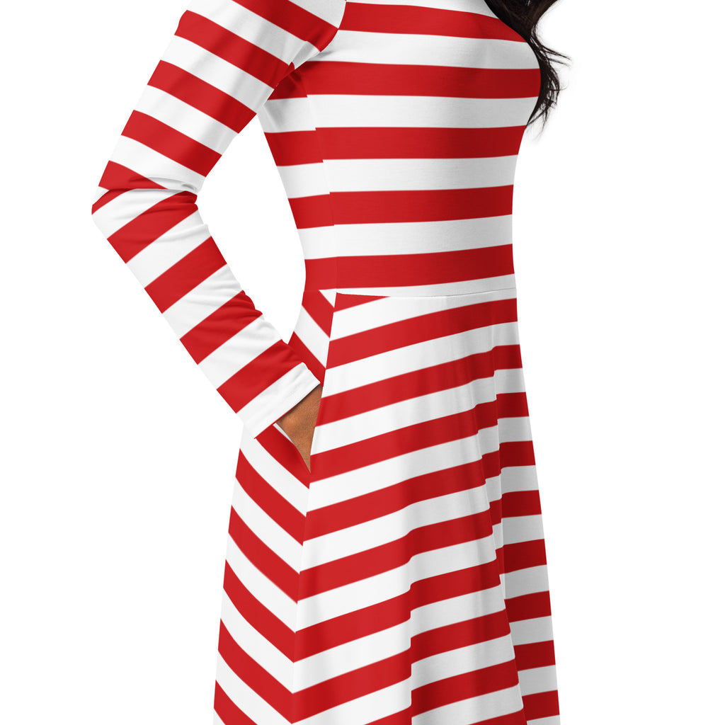 Women’s red and white striped long sleeve midi dress with fitted bodice flared skirt and pockets in cotton blend