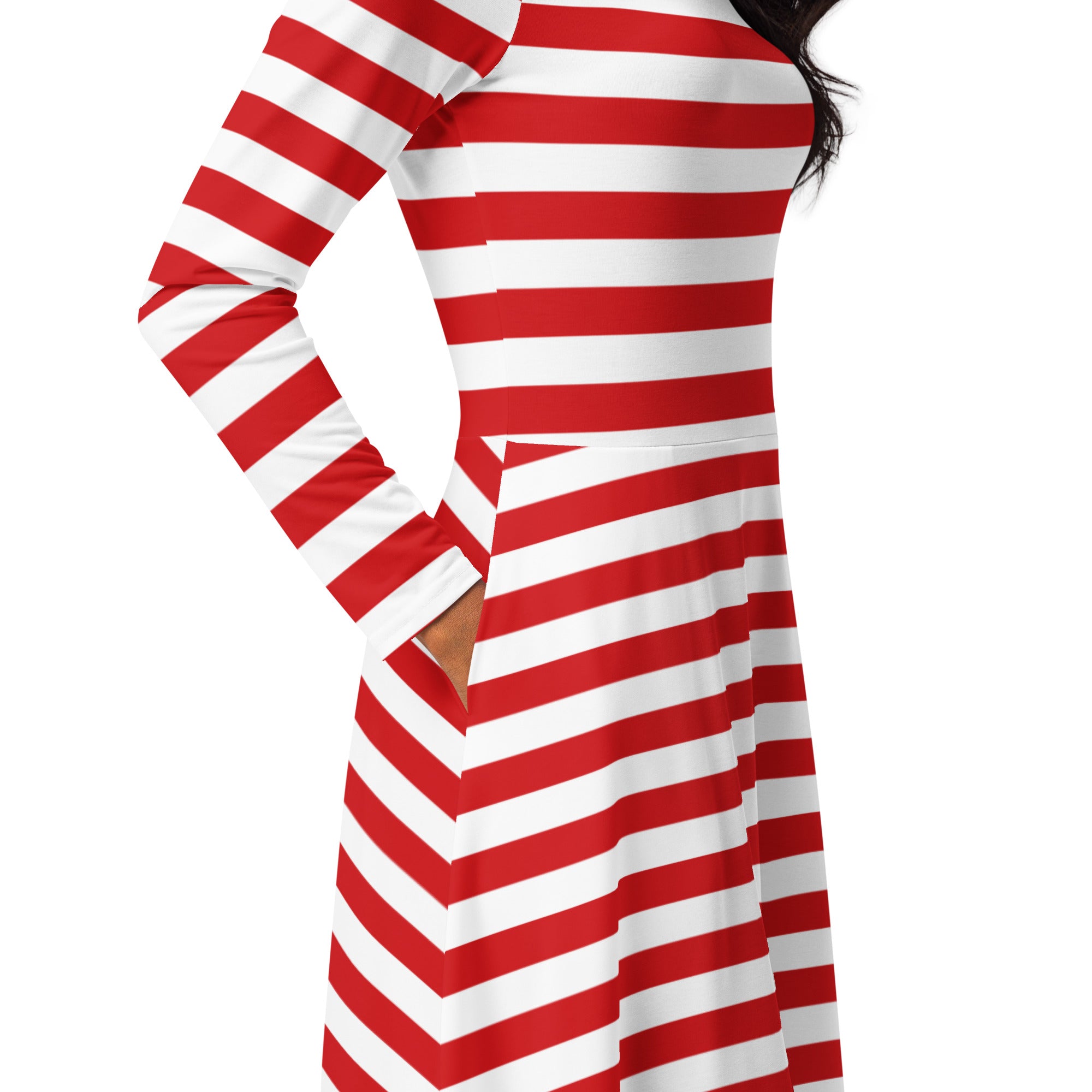 Women’s red and white striped long sleeve midi dress with fitted bodice flared skirt and pockets in cotton blend