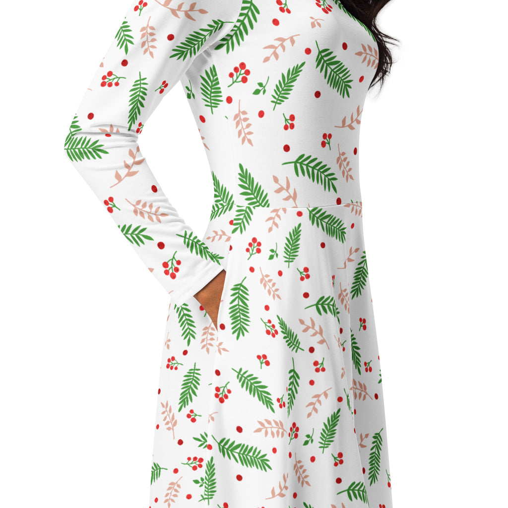 Women’s Christmas holly long sleeve midi dress in white with green leaves pinkish-brown branches and red berries pattern