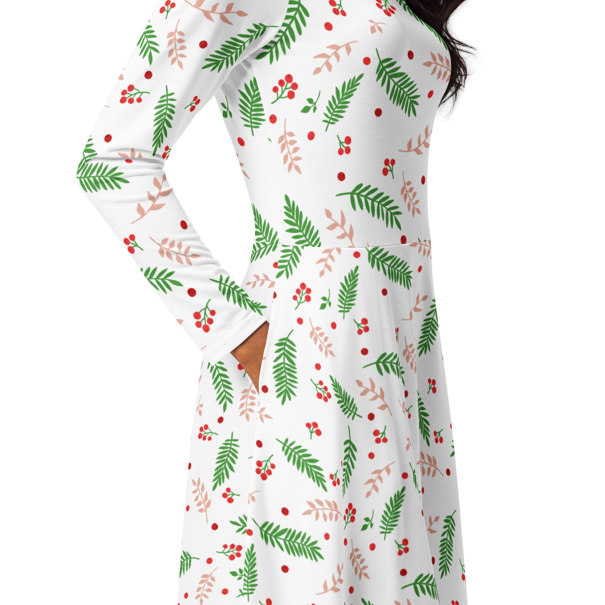 Women’s Christmas holly long sleeve midi dress in white with green leaves pinkish-brown branches and red berries pattern