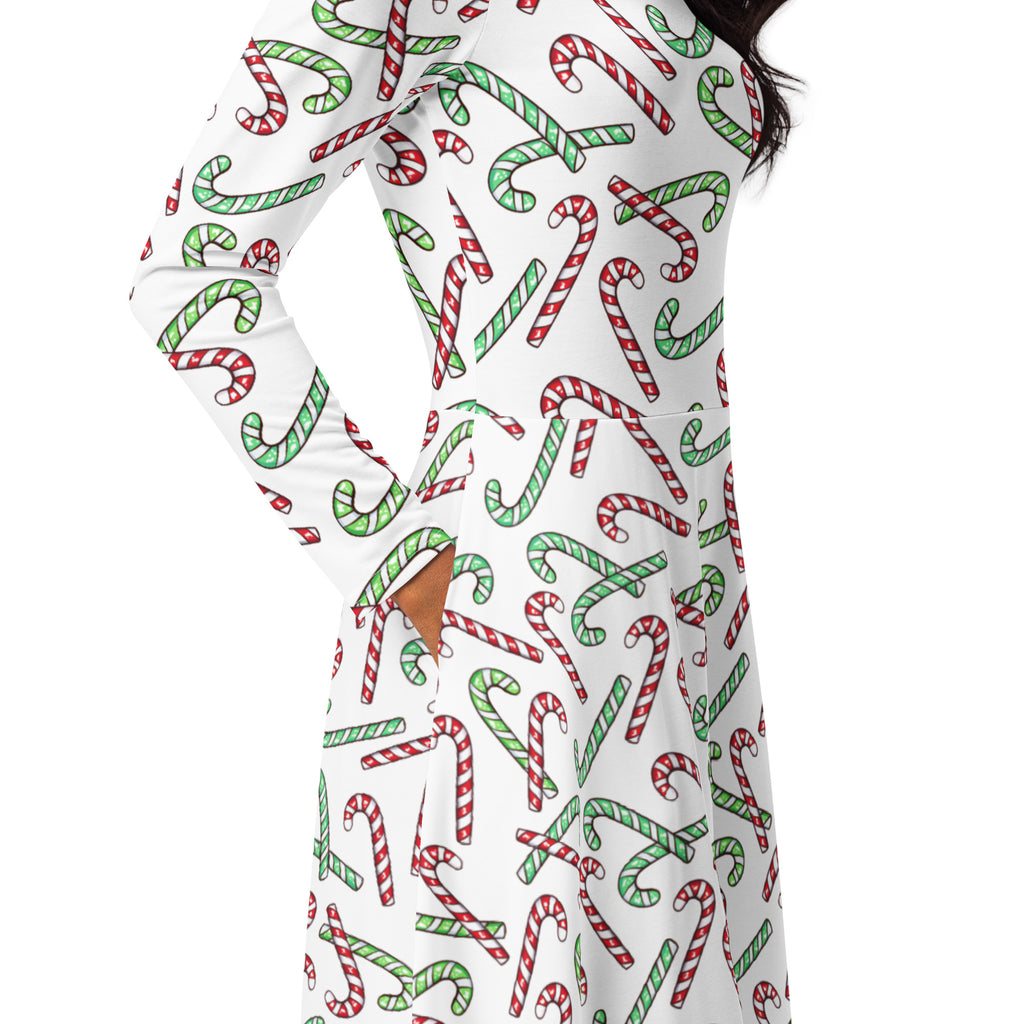 Women's Red & Green Candy Cane Christmas Long Sleeve Midi Dress With Pockets