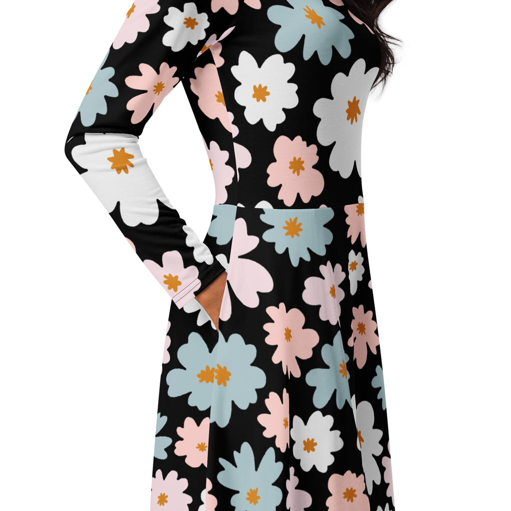 Women’s retro floral long sleeve midi dress with pockets in black adorned with pastel pink white and blue flowers