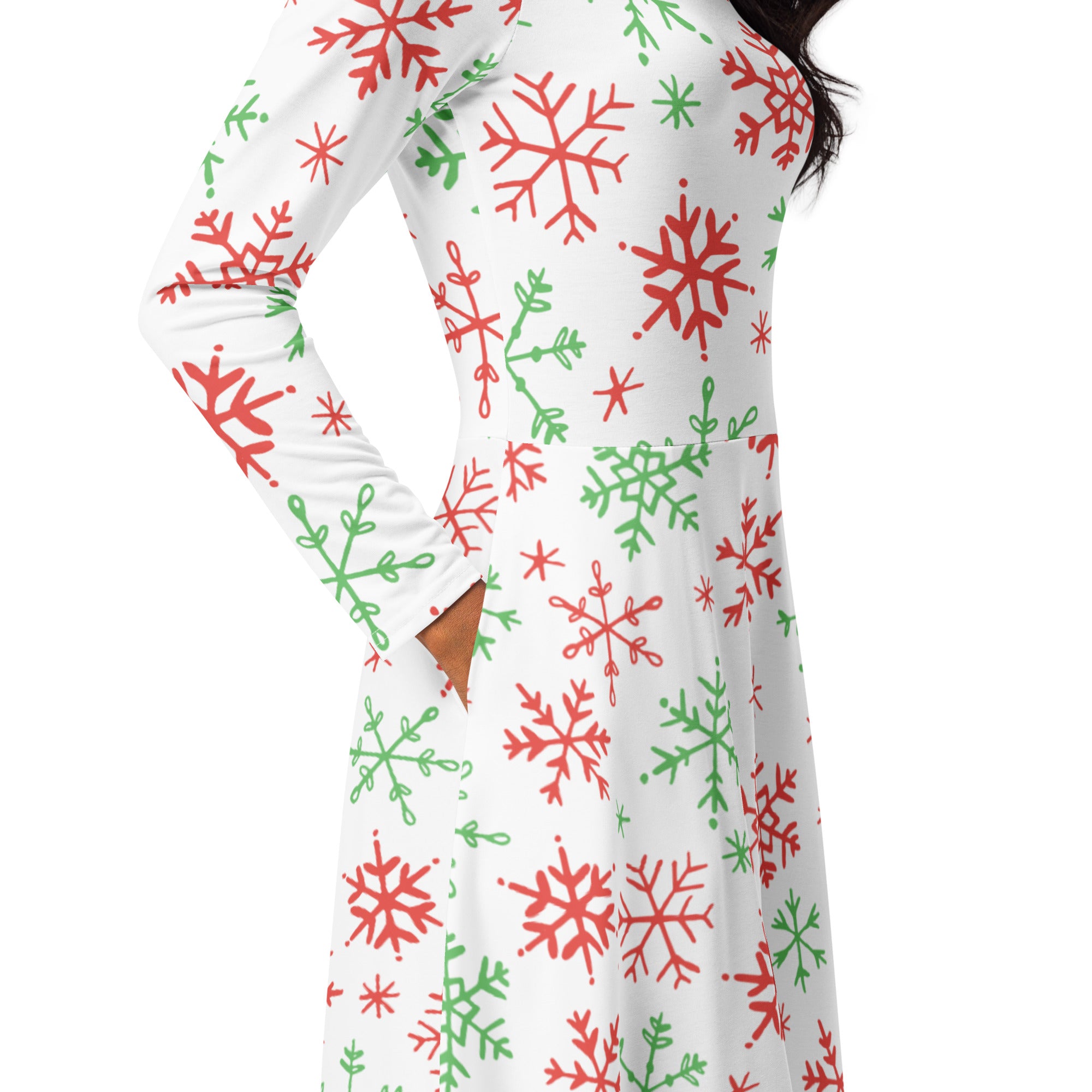 Women’s white midi dress with red and green snowflake patterns long sleeves flared skirt and pockets for christmas wear