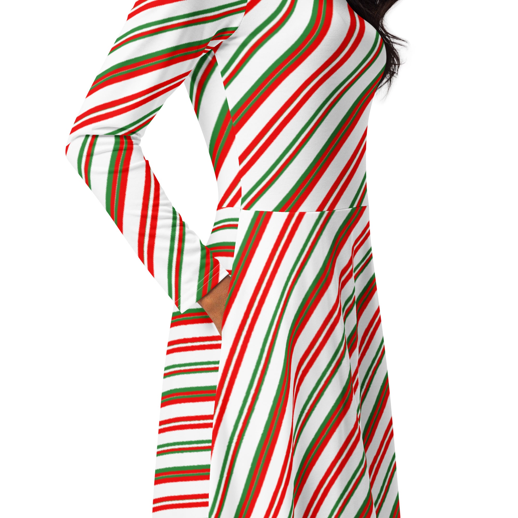 Women’s candy cane stripe long sleeve midi wrap dress with pockets in bold red green and white diagonal stripes