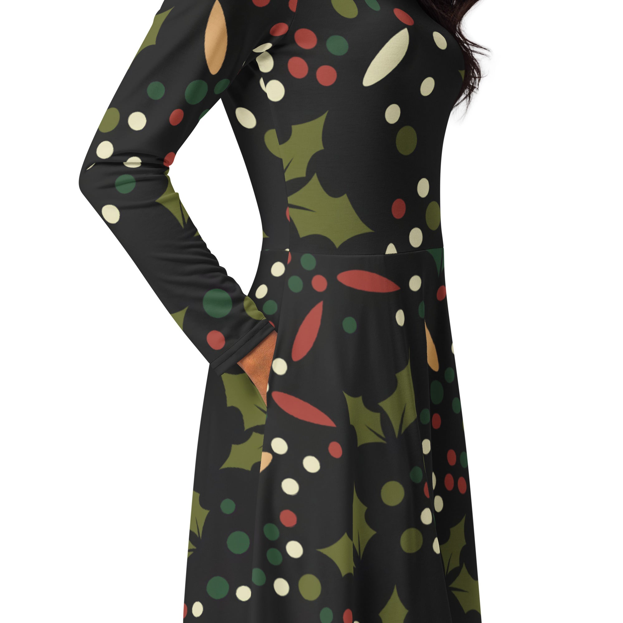 Women’s dark holly berry long sleeve midi dress with pockets featuring festive green holly leaves red and white berries pattern