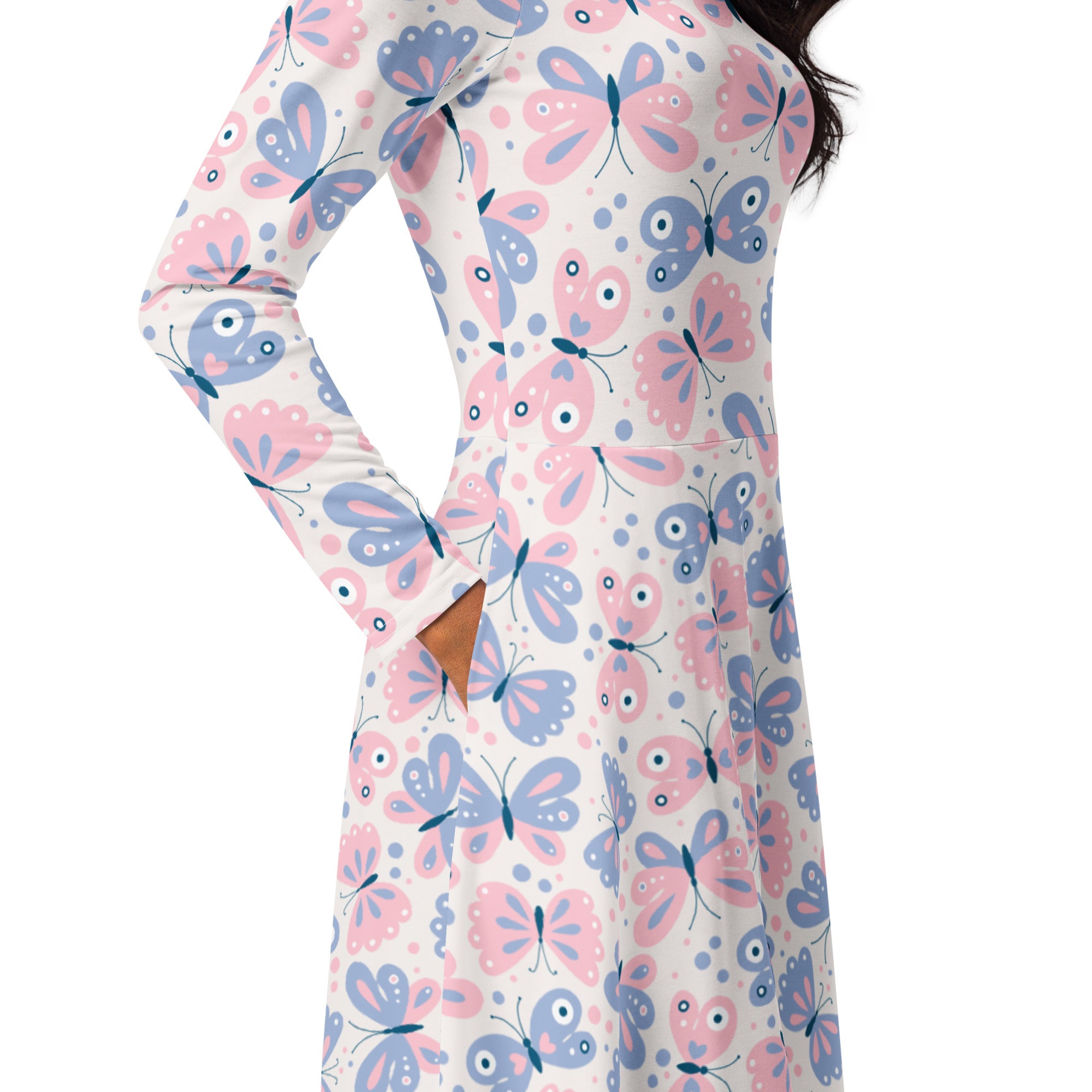 Women’s white long sleeve midi dress with pink and blue butterfly pattern and pockets for casual wear