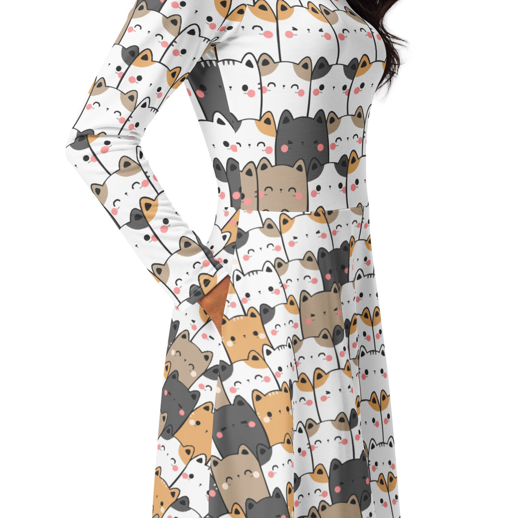 Women's Kawaii Cat Long Sleeve Midi Dress With Pockets