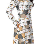 Women's Kawaii Cat Long Sleeve Midi Dress With Pockets
