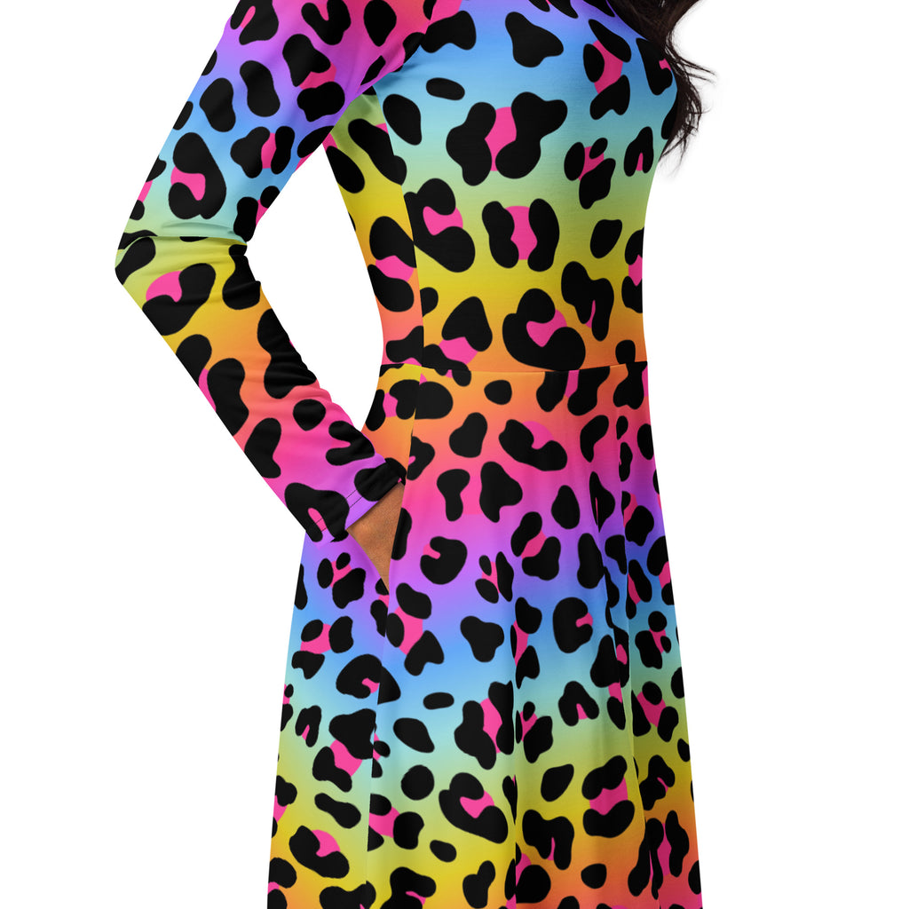 Women's Rainbow Leopard Long Sleeve Midi Dress With Pockets