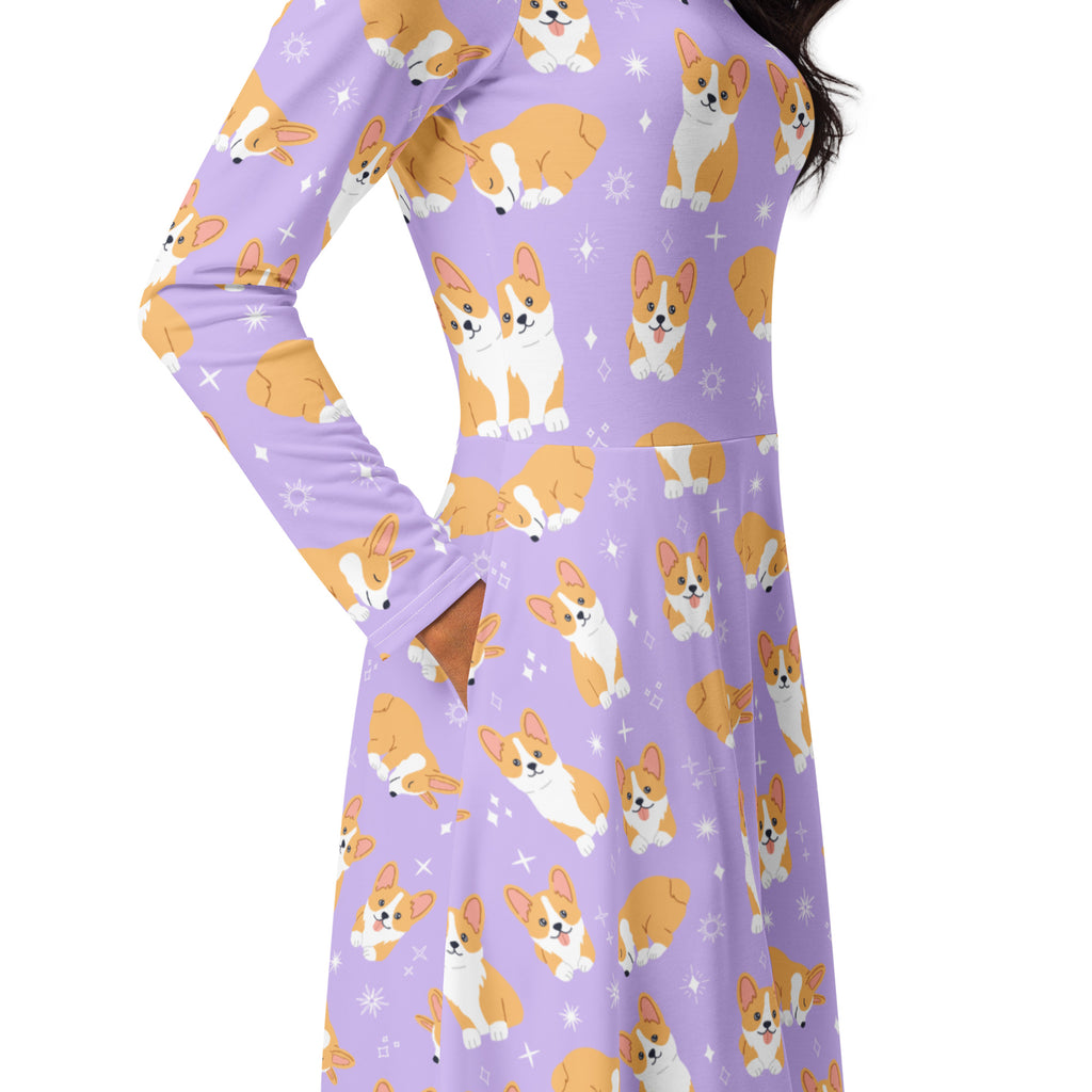 Women's Purple Corgi Dog Long Sleeve Midi Dress With Pockets