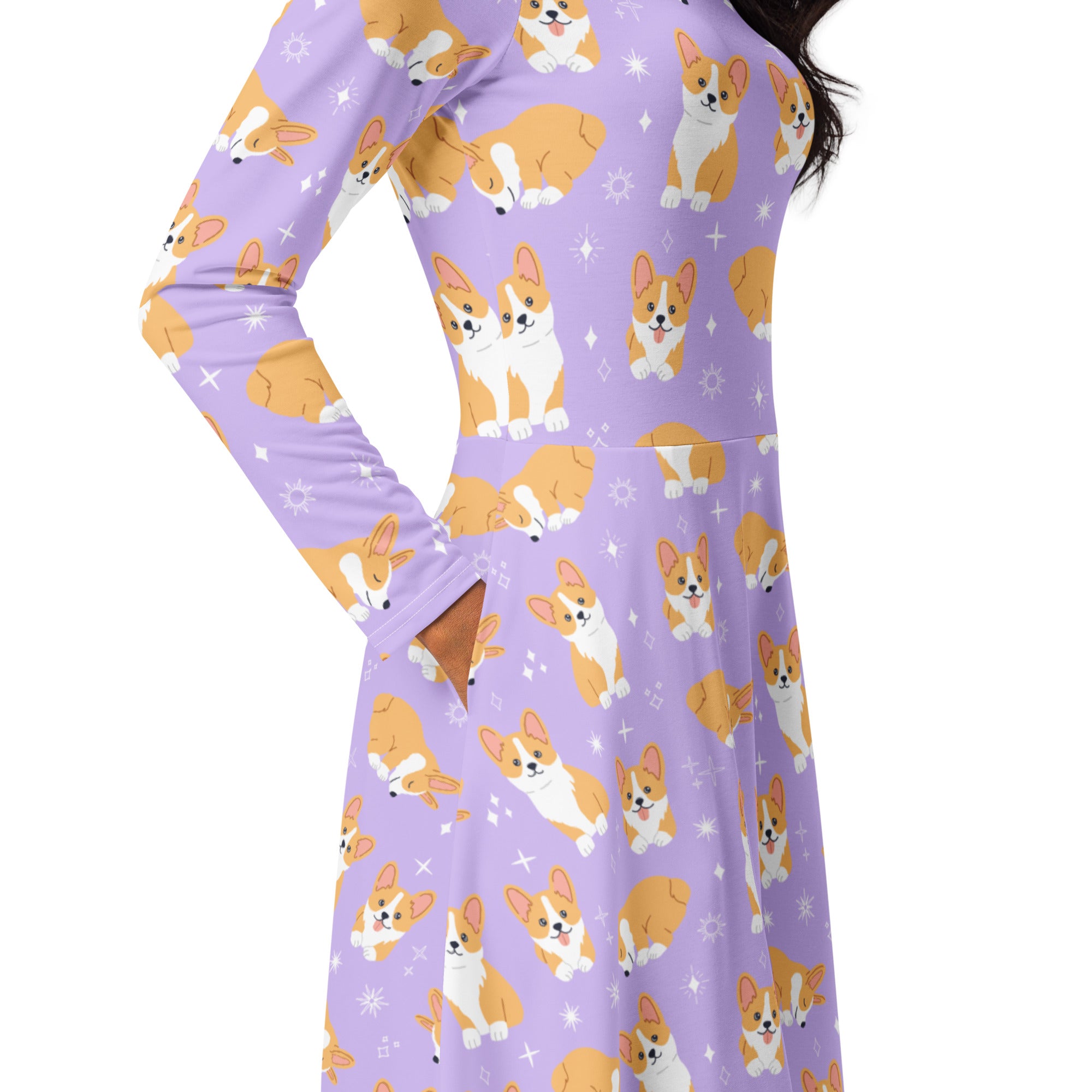 Women's Purple Corgi Dog Long Sleeve Midi Dress With Pockets