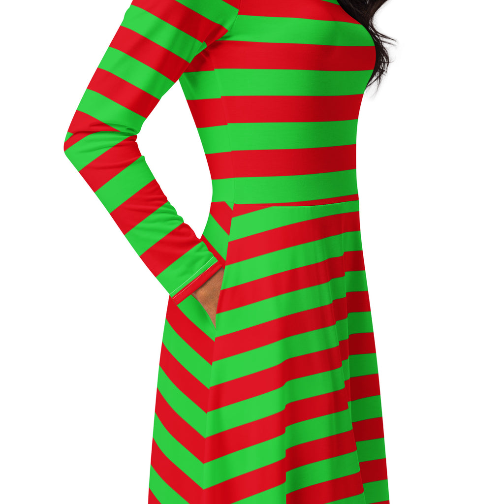 Women’s red and green long sleeve midi dress with bold horizontal stripes fitted bodice flared skirt and pockets