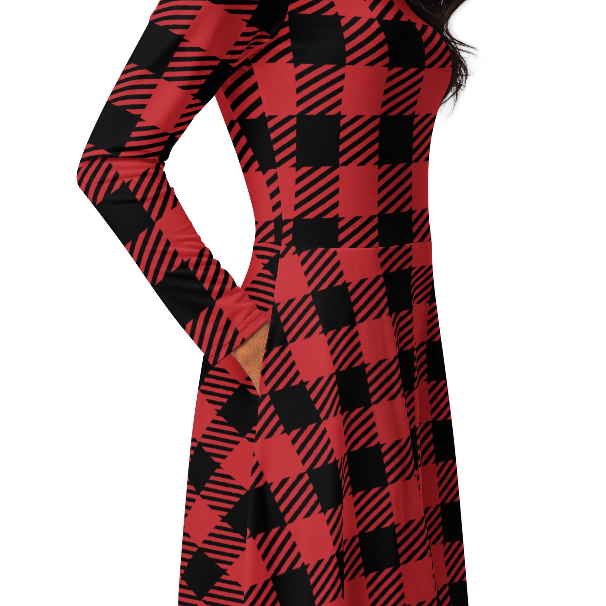 Women’s red buffalo plaid long sleeve midi dress with fitted bodice flared skirt and pockets