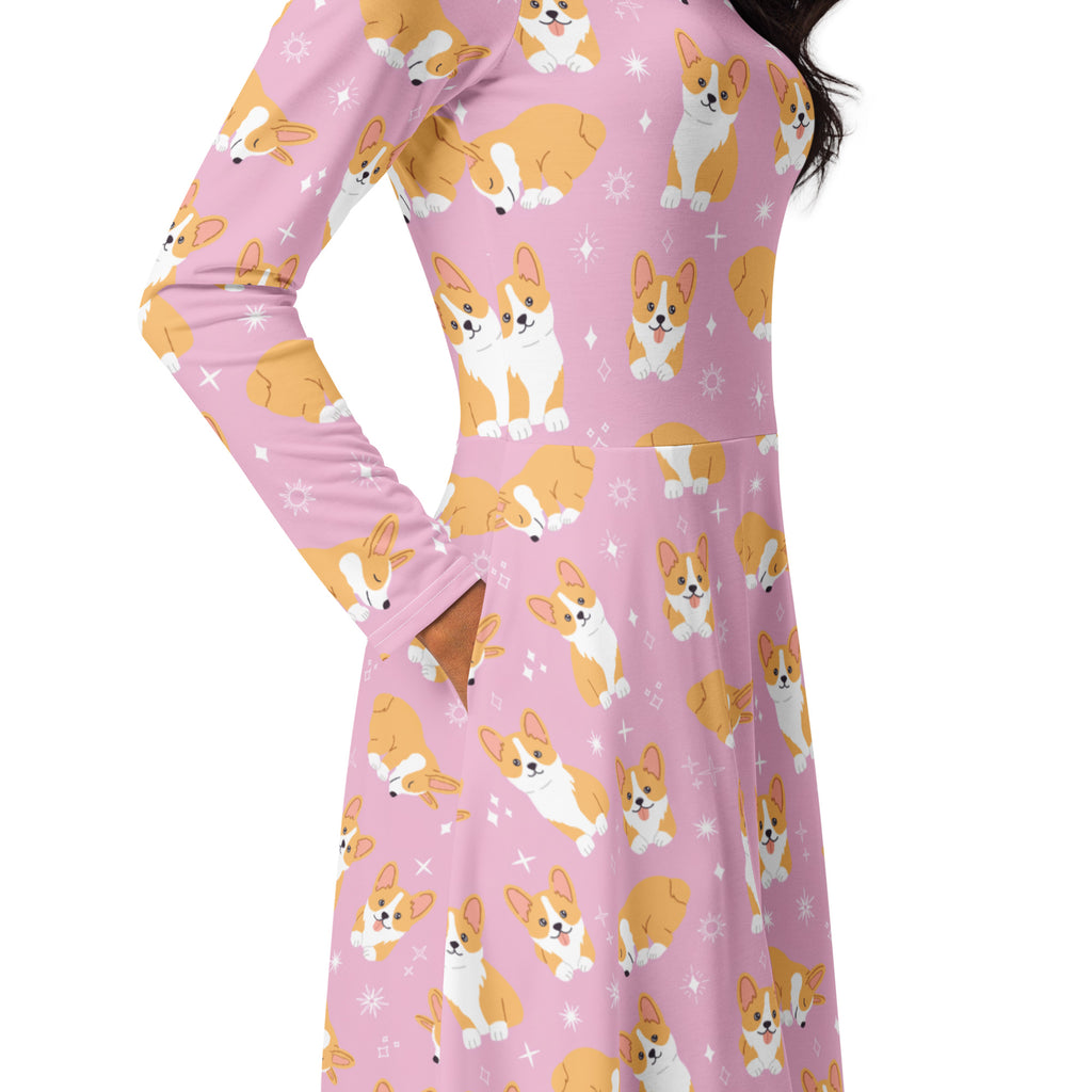 Women's Pink Corgi Dog Long Sleeve Midi Dress With Pockets