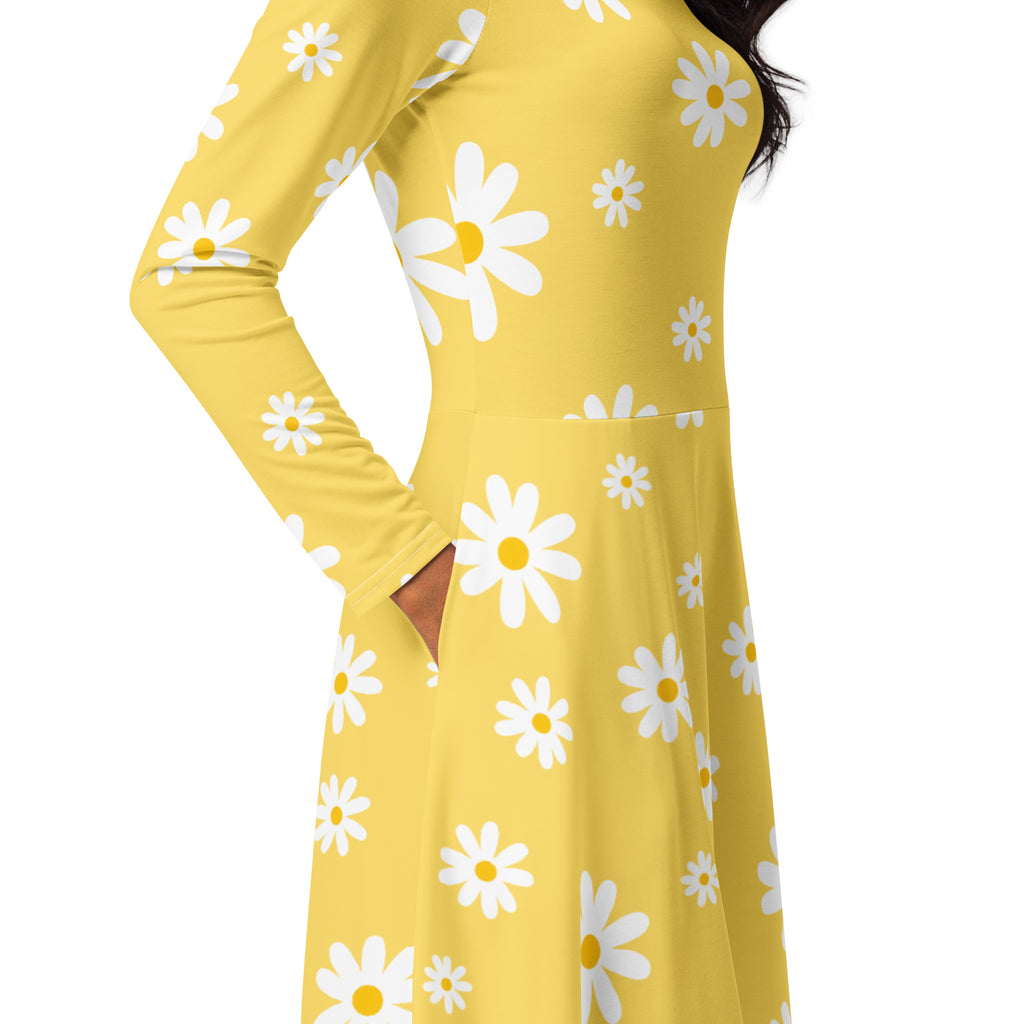 Women's Yellow Daisy Long Sleeve Midi Dress With Pockets