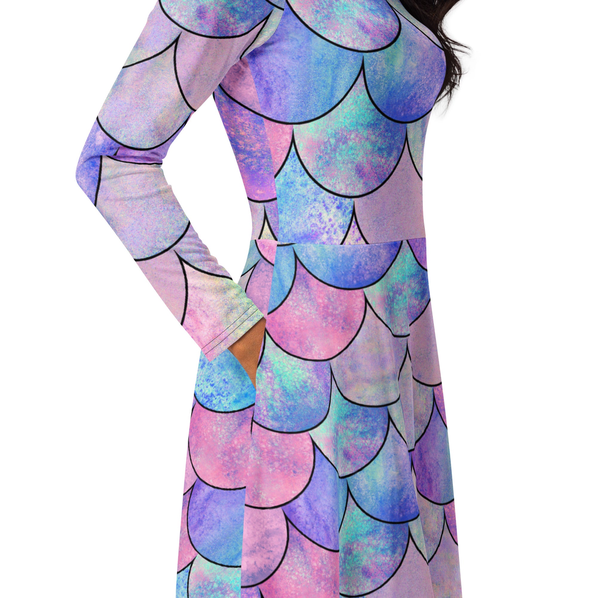 Women's Pastel Mermaid Long Sleeve Midi Dress With Pockets