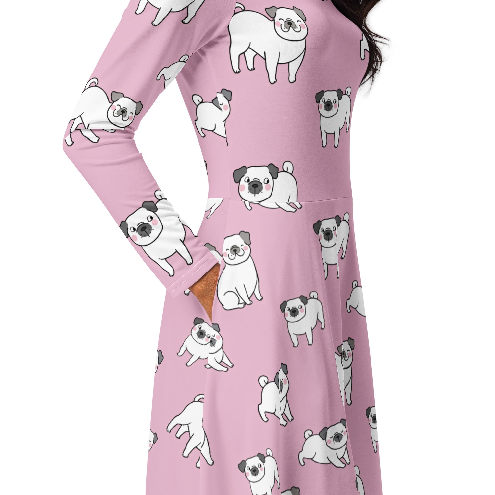 Women’s pink long sleeve midi dress with pockets featuring a playful white and gray cartoon pug pattern
