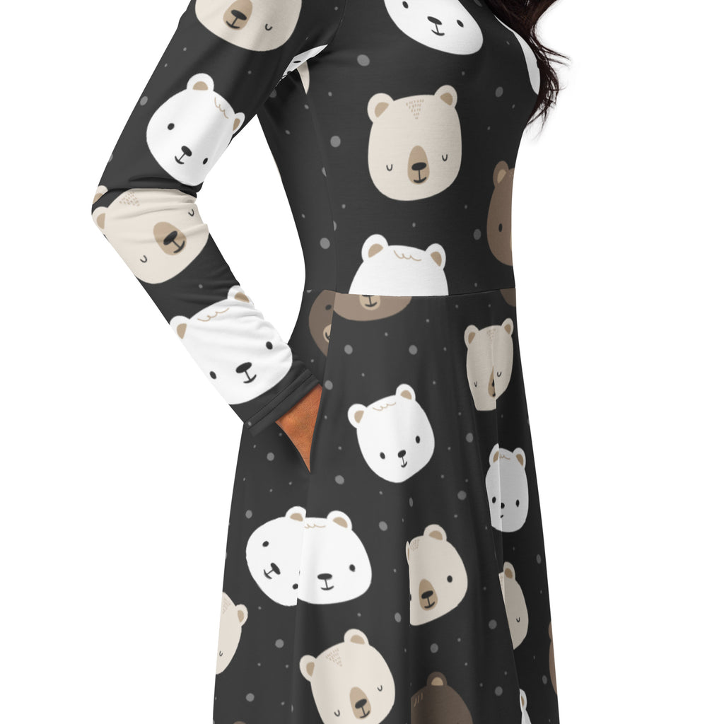 Women’s black long sleeve midi dress with pockets featuring white beige and brown cartoon bear faces pattern