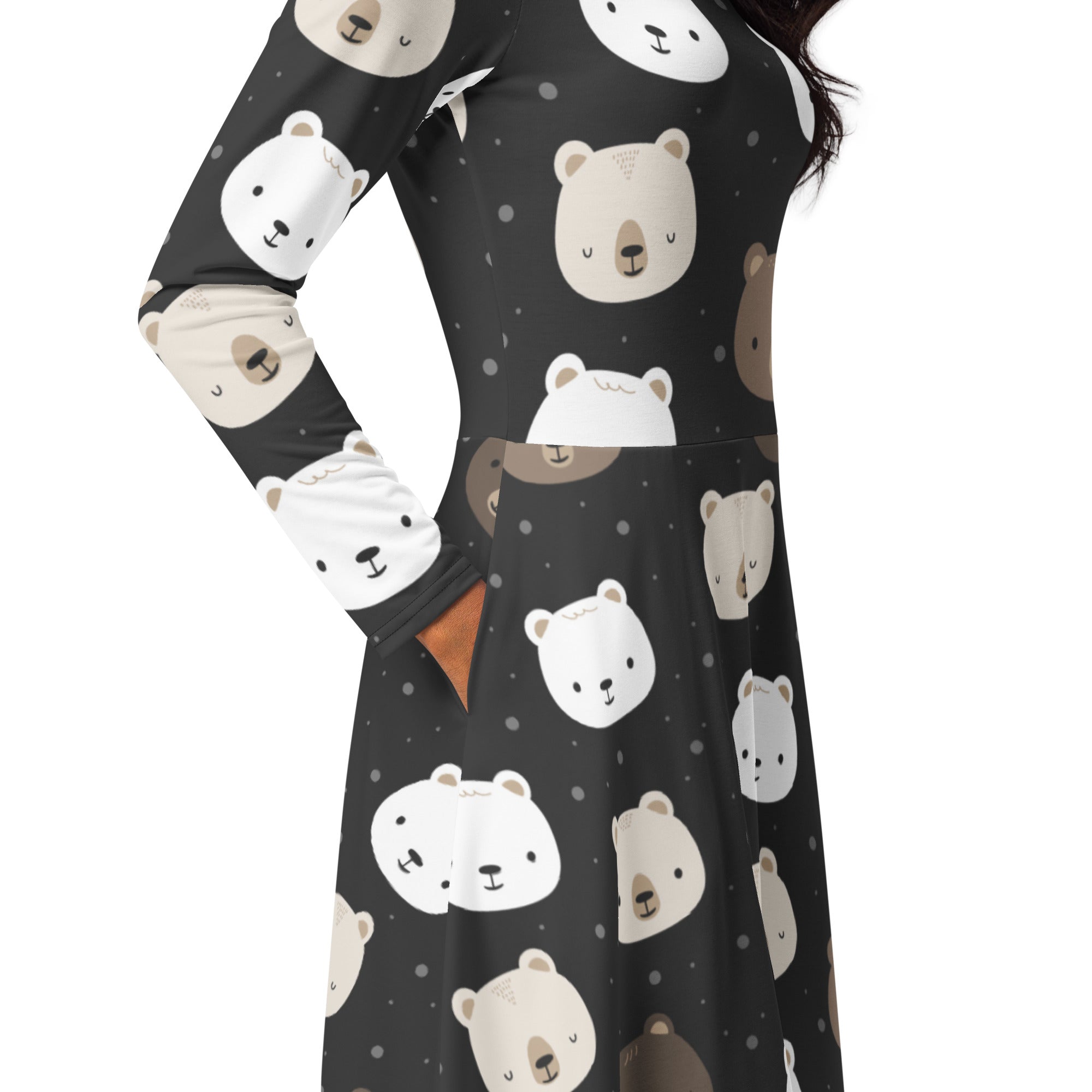 Women’s black long sleeve midi dress with pockets featuring white beige and brown cartoon bear faces pattern