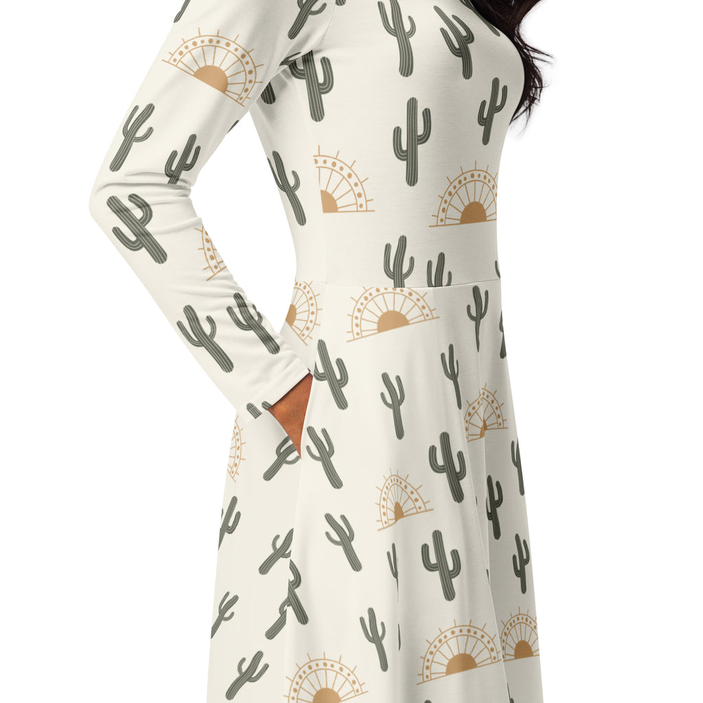 Women’s cream cactus desert sunrise long sleeve midi dress with pockets featuring gray cacti and gold sunbursts