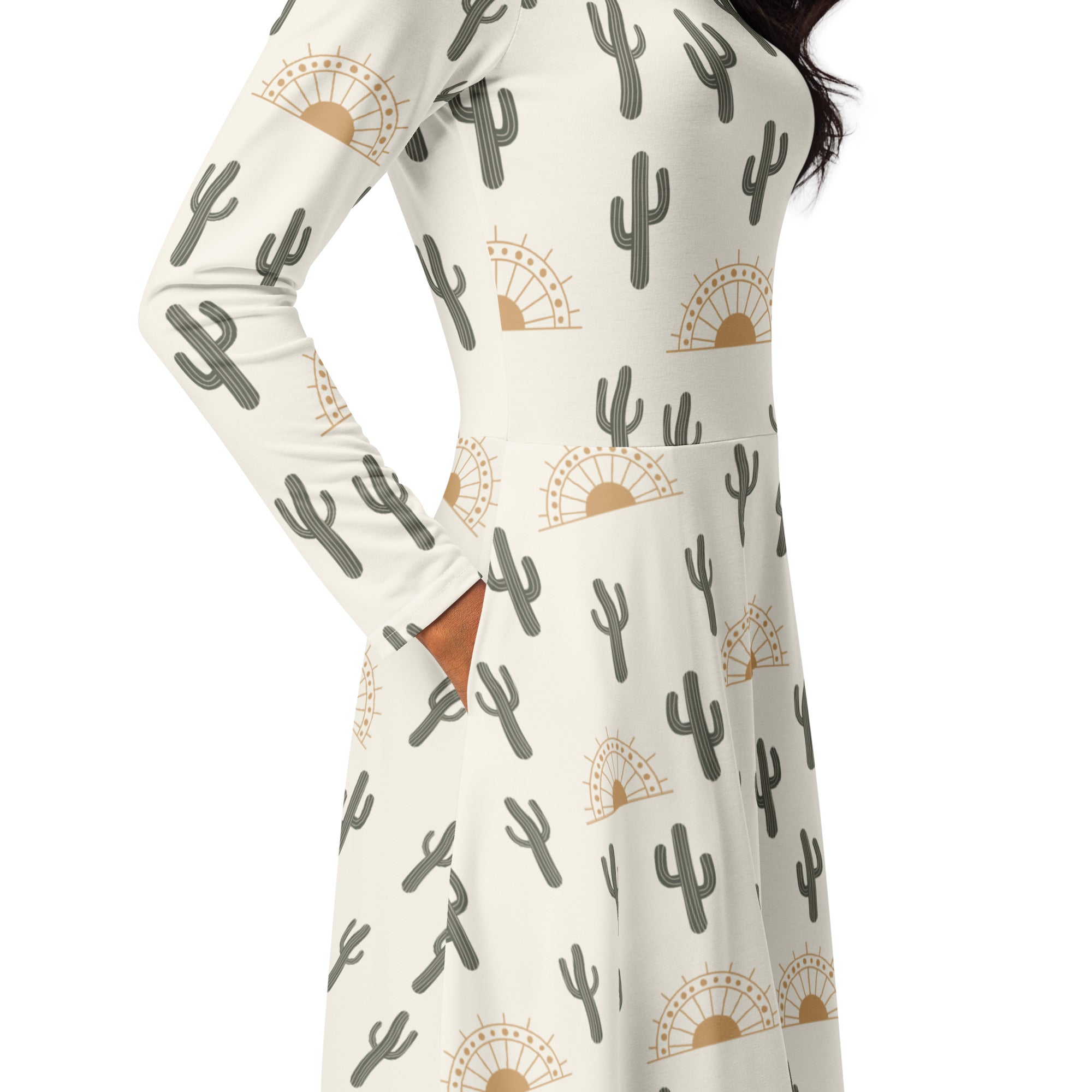 Women’s cream cactus desert sunrise long sleeve midi dress with pockets featuring gray cacti and gold sunbursts