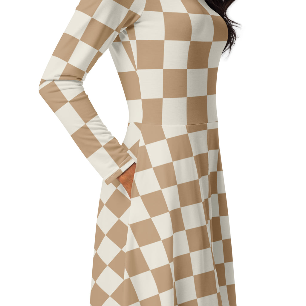 Women’s tan checkerboard long sleeve midi dress with pockets featuring a fitted beige and white pattern