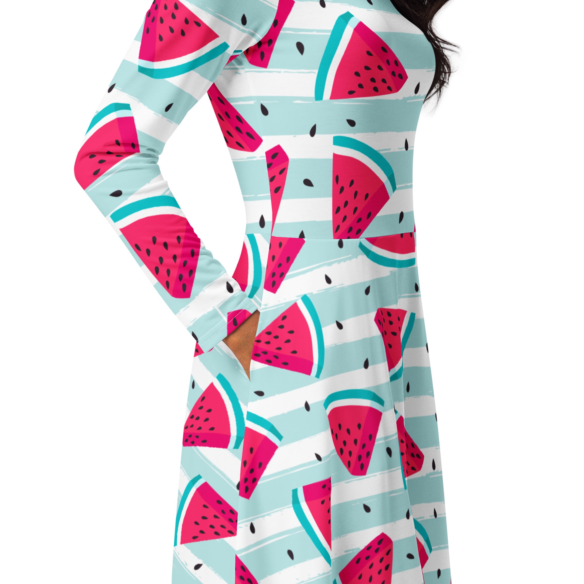 Women’s striped watermelon long sleeve midi dress with pockets featuring vibrant pink teal and white playful pattern
